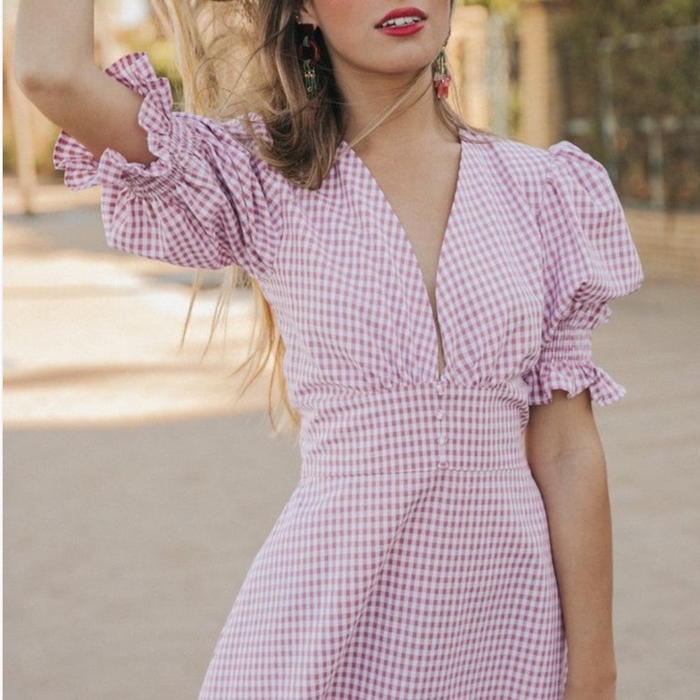 Vichy Pink and White Puff Sleeve Midi Sundress. 
Brand new with tags